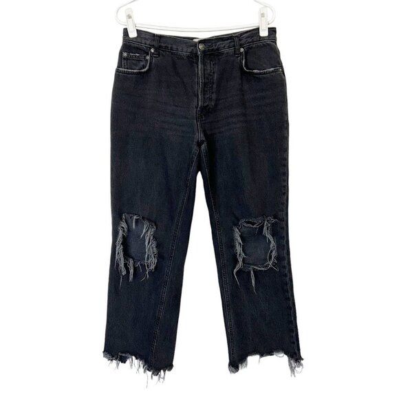 Free People Maggie Straight Jeans Womens Size 29 Black High Rise Frayed Ankle - Picture 1 of 11